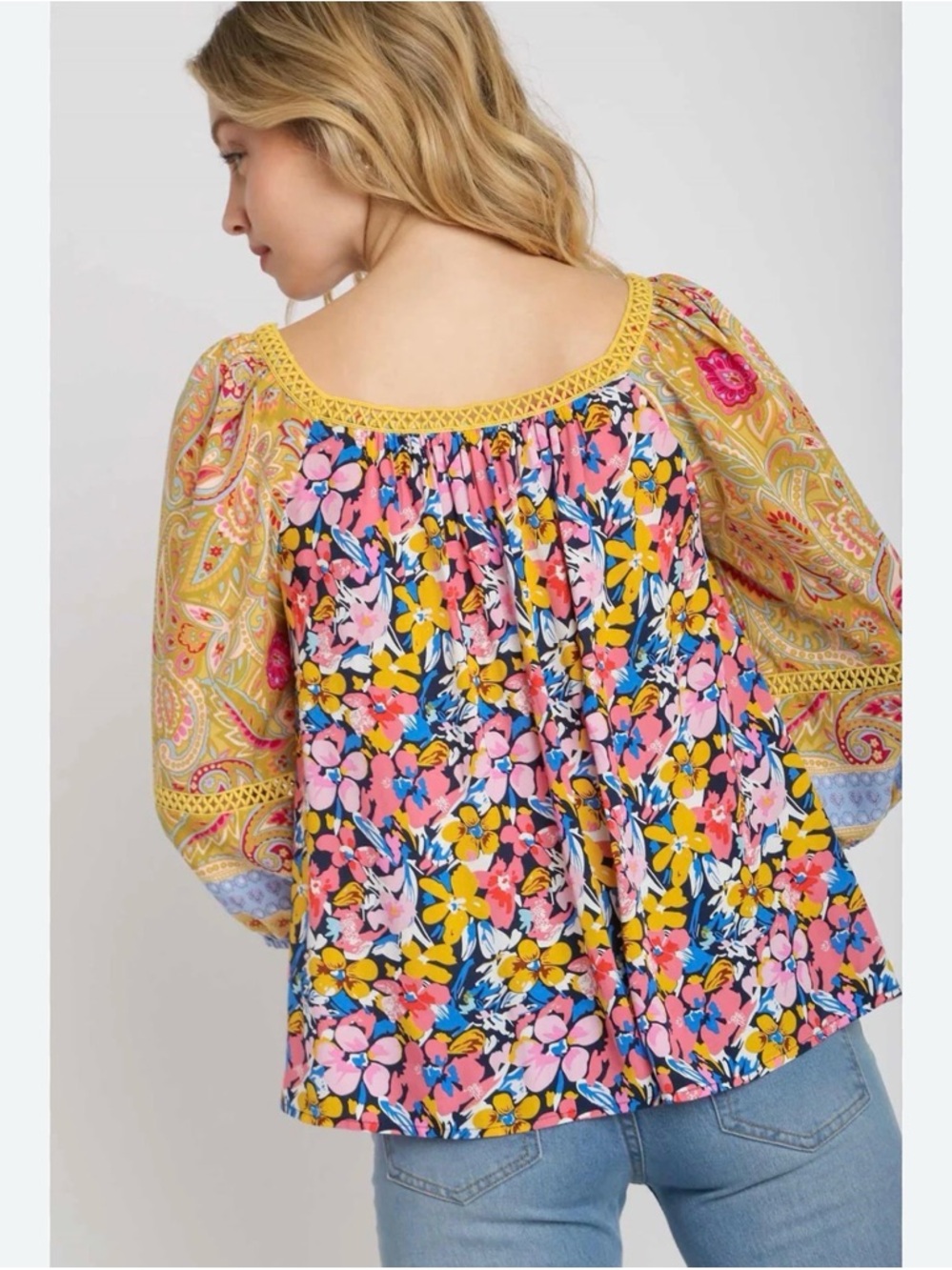 Umgee Boho Floral Paneled Peasant Top Sz S - Picture 2 of 7